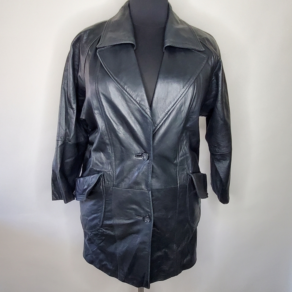 Women's Soft Black Leather Coat Size L Vintage Wide Lapel Long Jacket Retro 90s